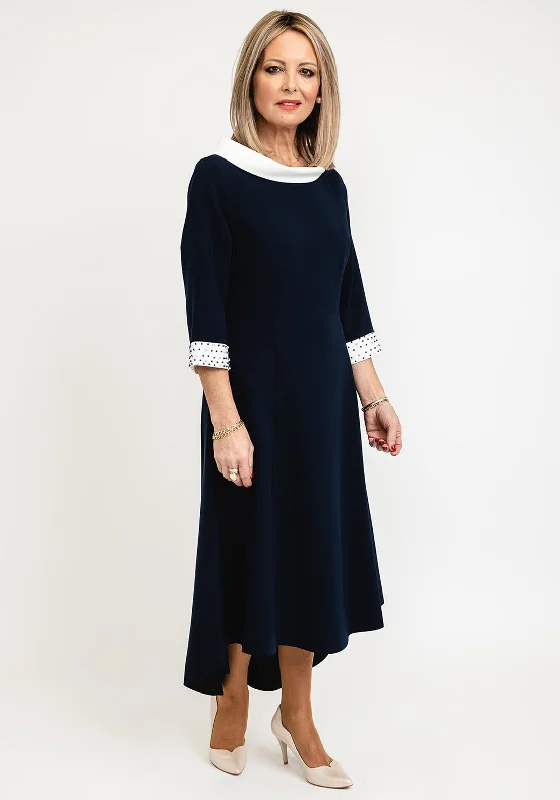 Lizabella Cowl Neckline Midi Dress, Navy and White Elegant Maxi-Midi Hybrid Dress