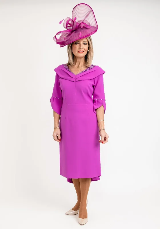 Lizabella Embellished Neckline Midi Dress, Fushia Trendy Long Sleeve Midi Dress