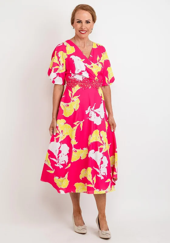 Lizabella Floral Embroidered Waist Midi Dress, Pink & Yellow Fashionable Fitted Midi Dress