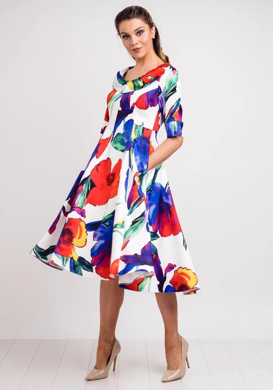 Lizabella Floral Satin Flared Midi Dress, Multi Comfortable Ribbed Midi Dress