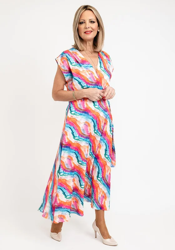 Lizabella V-neck Print Midi Dress, Multi Print Cozy Midi Dress with Pockets