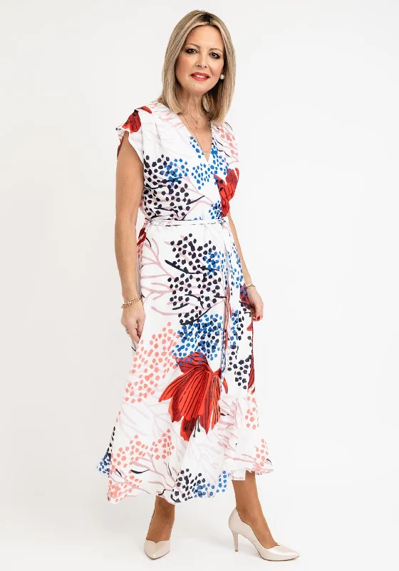 Lizabella V-neck Print Midi Dress, White Multi Fashionable Floral Embroidery Midi Dress