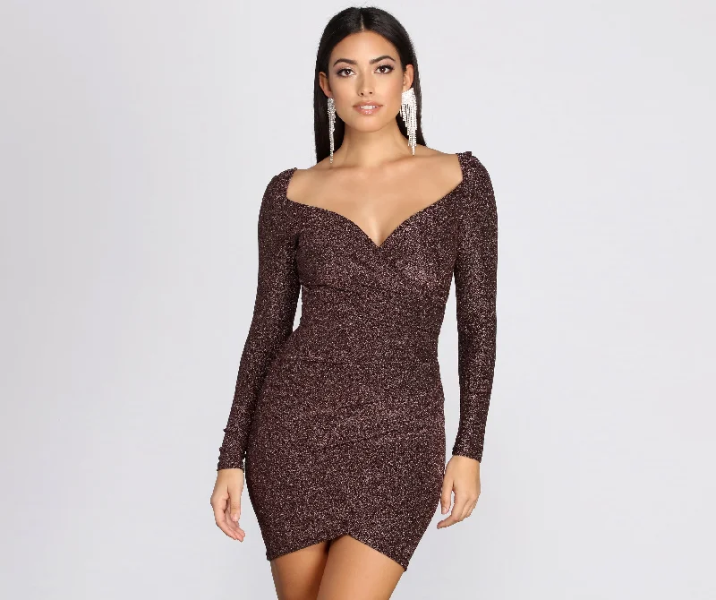 Long Sleeve Glitter Knit Mini Dress Casual Mini Dress with Pockets