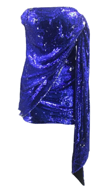 Looking Like A Star Blue Sequin Strapless Drape Wrap Bodycon Mini Dress Comfortable Fit-and-Flare Mini Dress