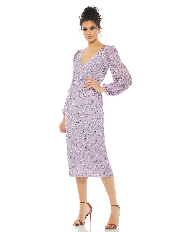 Mac Duggal 107641 Cocktail Long Sleeve Sequin Midi Dress Stylish Midi Dress with Cuffs