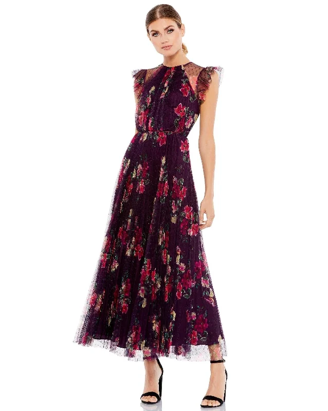 Mac Duggal 2143 Floral Print Cap Sleeve Midi Dress Comfortable Lace-Up Midi Dress