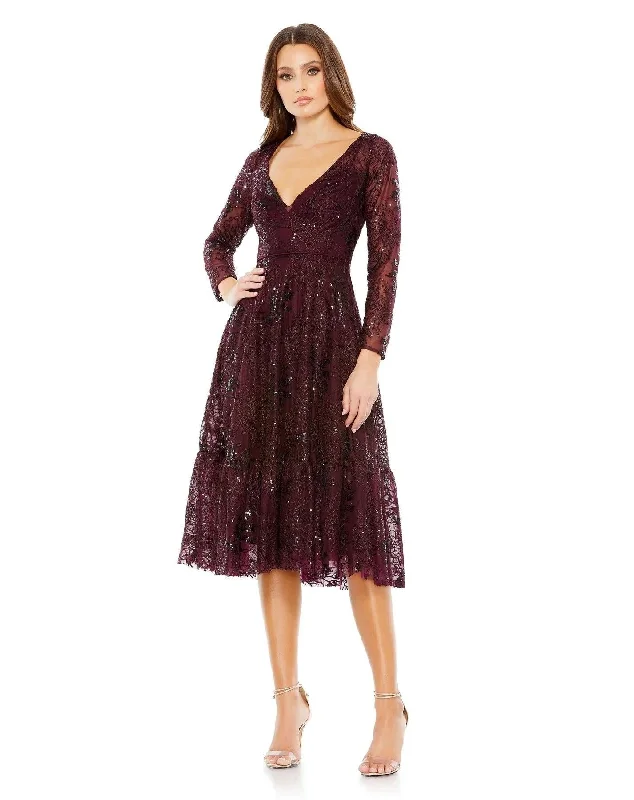 Mac Duggal 68001 Long Sleeve Lace Midi Dress Comfortable Empire Waist Midi Dress