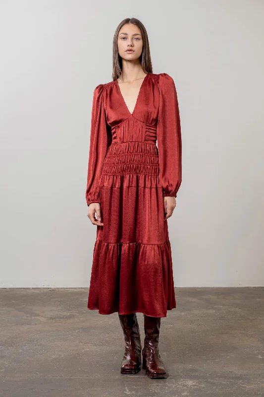 Merlot Satin Smocked Midi Dress Cozy Ribbed Knit Midi Dress