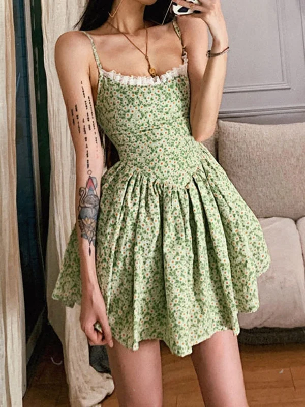 Tie Back Floral Green Mini Dress Comfortable Wrap Mini Dress