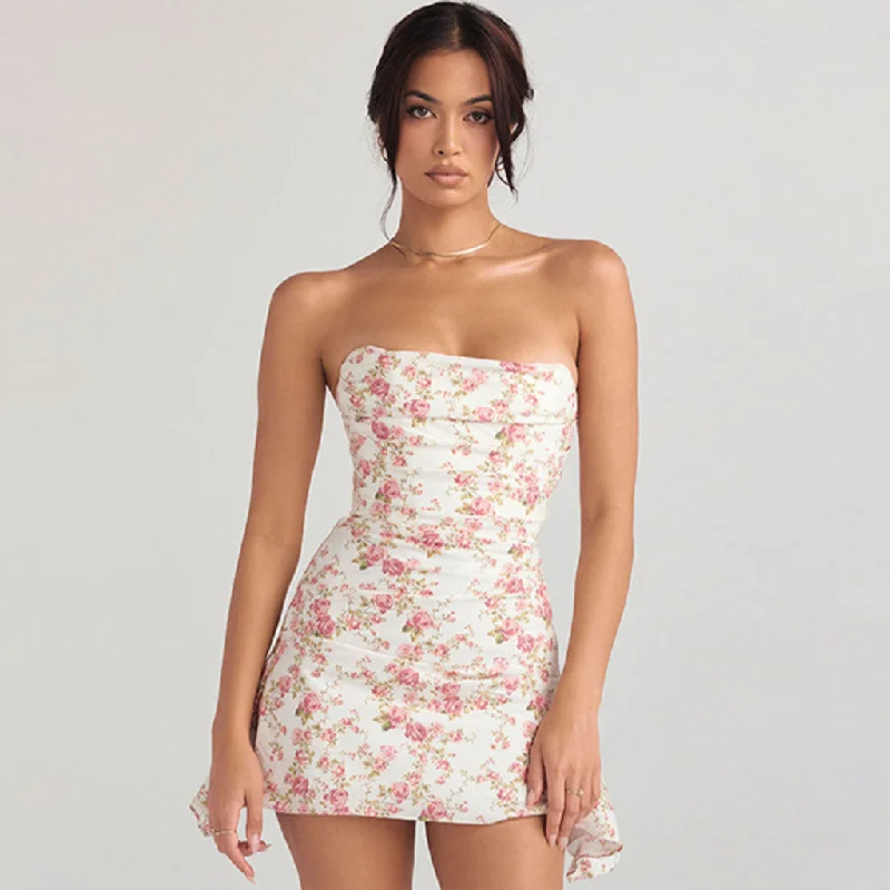 Glamorous Rose Printed Ruched Strapless Corset Mini Dress - Floral Trendy Cut-Out Mini Dress