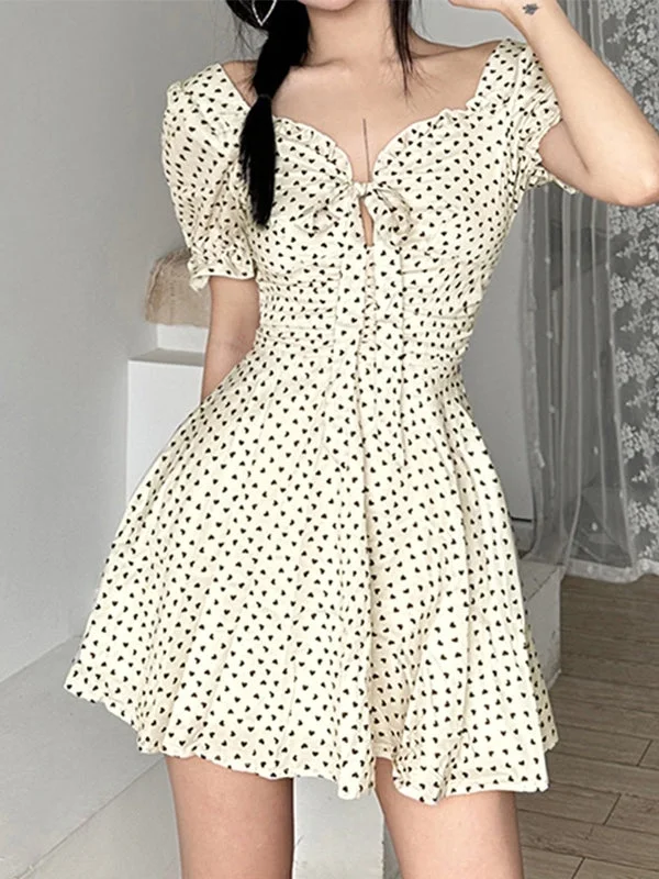 Tie Strap Heart Puff Sleeve Mini Dress Stylish Ribbed Mini Dress