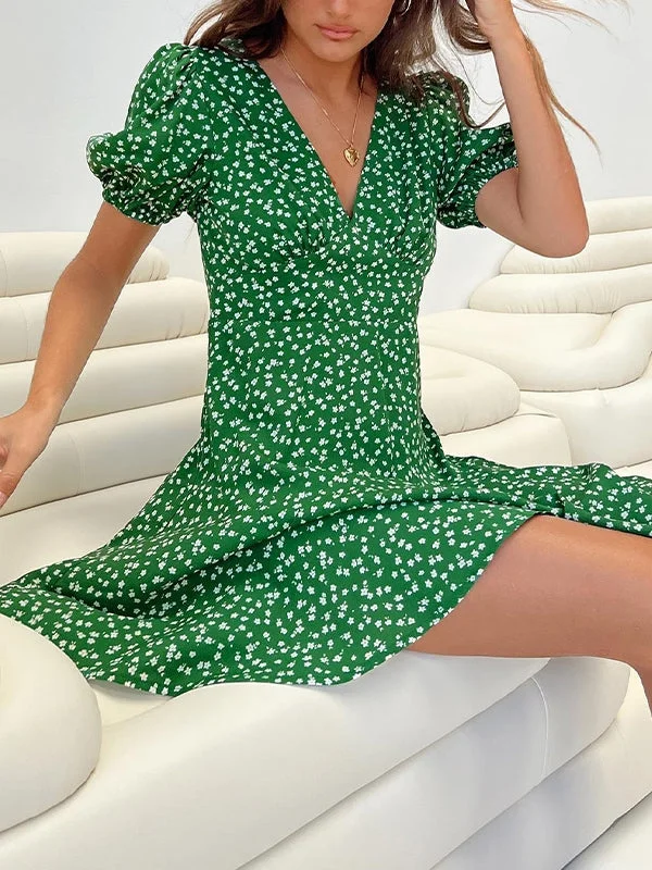 Puff Sleeve Green Floral Mini Dress Trendy Wraparound Mini Dress