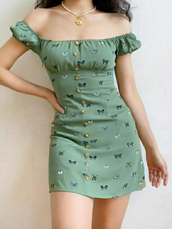 Puff Sleeve Butterfly Mini Dress Comfortable Zip-Up Mini Dress