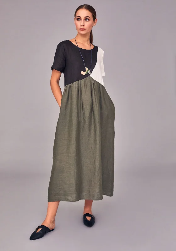 Naya Colour Block Linen Midi Dress, Green Comfortable Fit-and-Flare Midi Dress