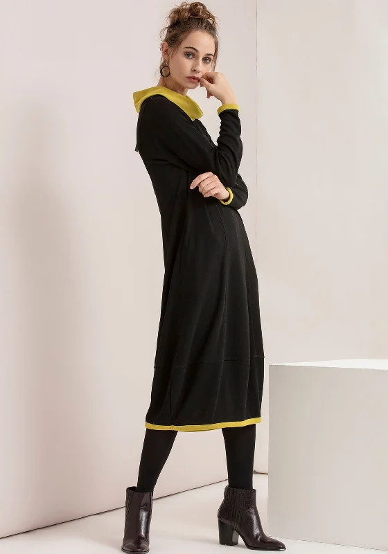 Naya Cowl Neck Jersey Midi Dress, Black & Lime Trendy Ruffled Sleeve Midi Dress