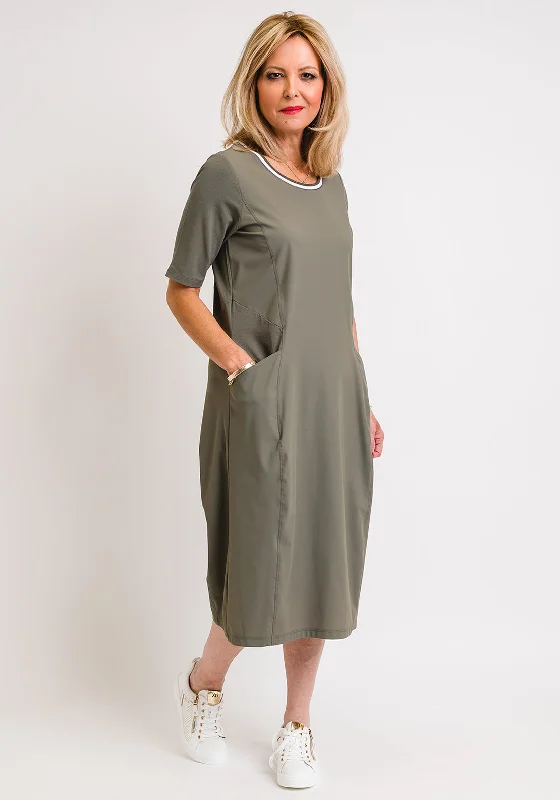 Naya Rib Neck Jersey Panel Midi Dress, Green Trendy Fit-and-Flare Midi Dress