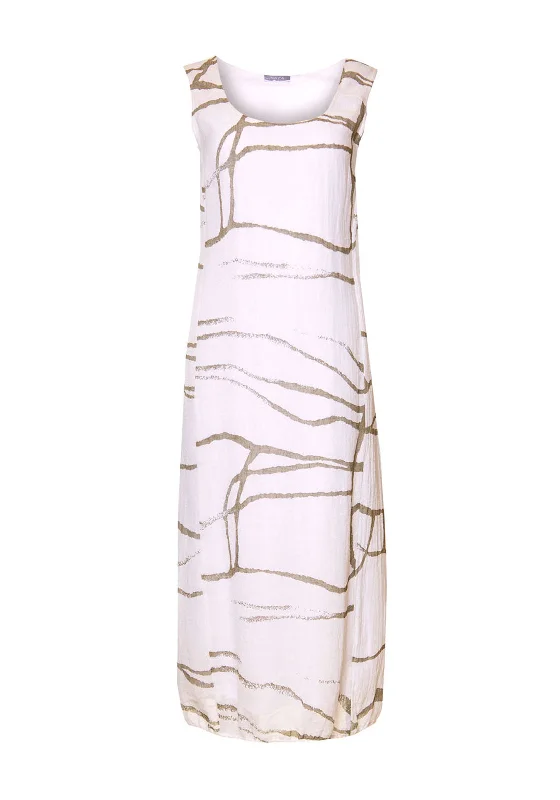 Naya Sleeveless Abstract Print Linen Midi Dress, White Trendy Bodycon Midi Dress