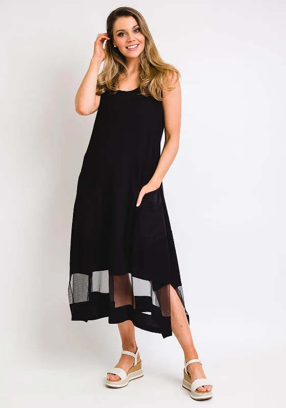 Naya Sleeveless Mesh Panel Midi Dress, Black Trendy Long Sleeve Midi Dress