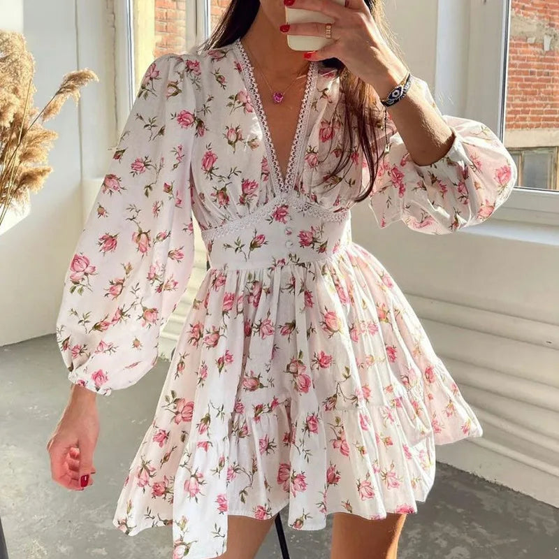 New Fashion Womens Floral Print Mini Dress Summer Long Sleeve Deep V Neck High Waist A-Line Dress Street Style Hot Sale S-XL Trendy Mesh Mini Dress