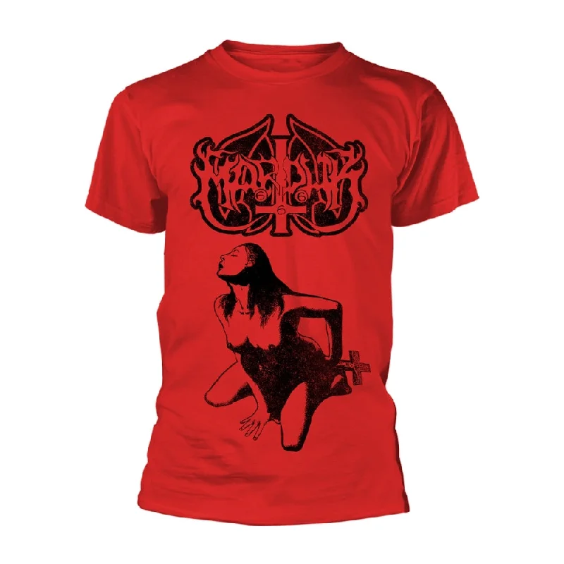 Marduk Unisex T-shirt: Fuck Me Jesus (Red) (back print) Striped Floral Plaid