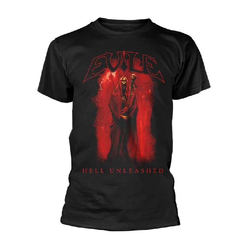 Evile Unisex T-shirt: Hell Unleashed (Black) (back print) Collared Crew Neck Turtle Neck Evile Unisex T-shirt: Hell Unleashed (Black) (back print) Collared Crew Neck Turtle Neck