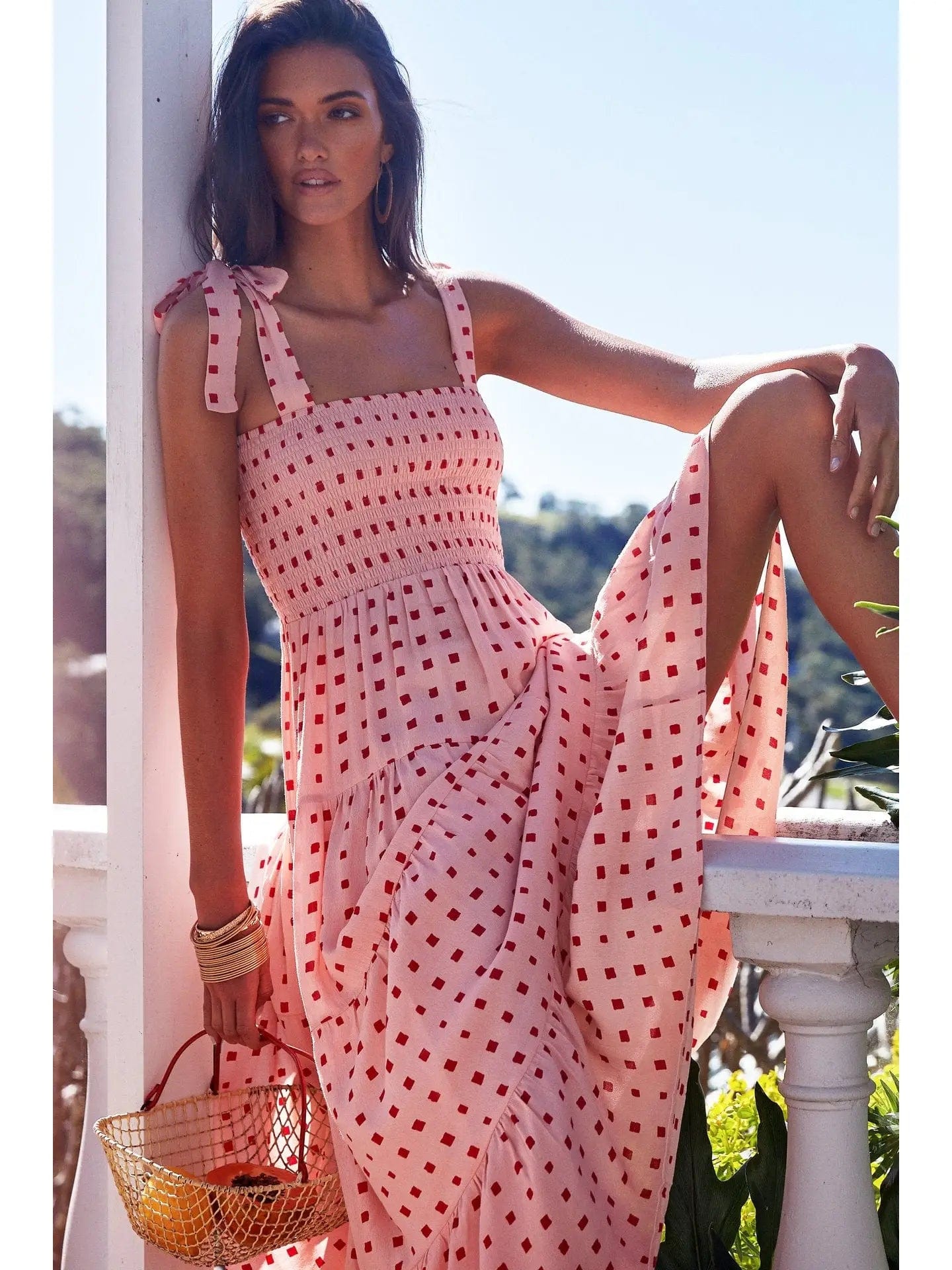 Piper Pink Polka Dot Midi Dress Trendy Off-Shoulder Ruffle Midi Dress