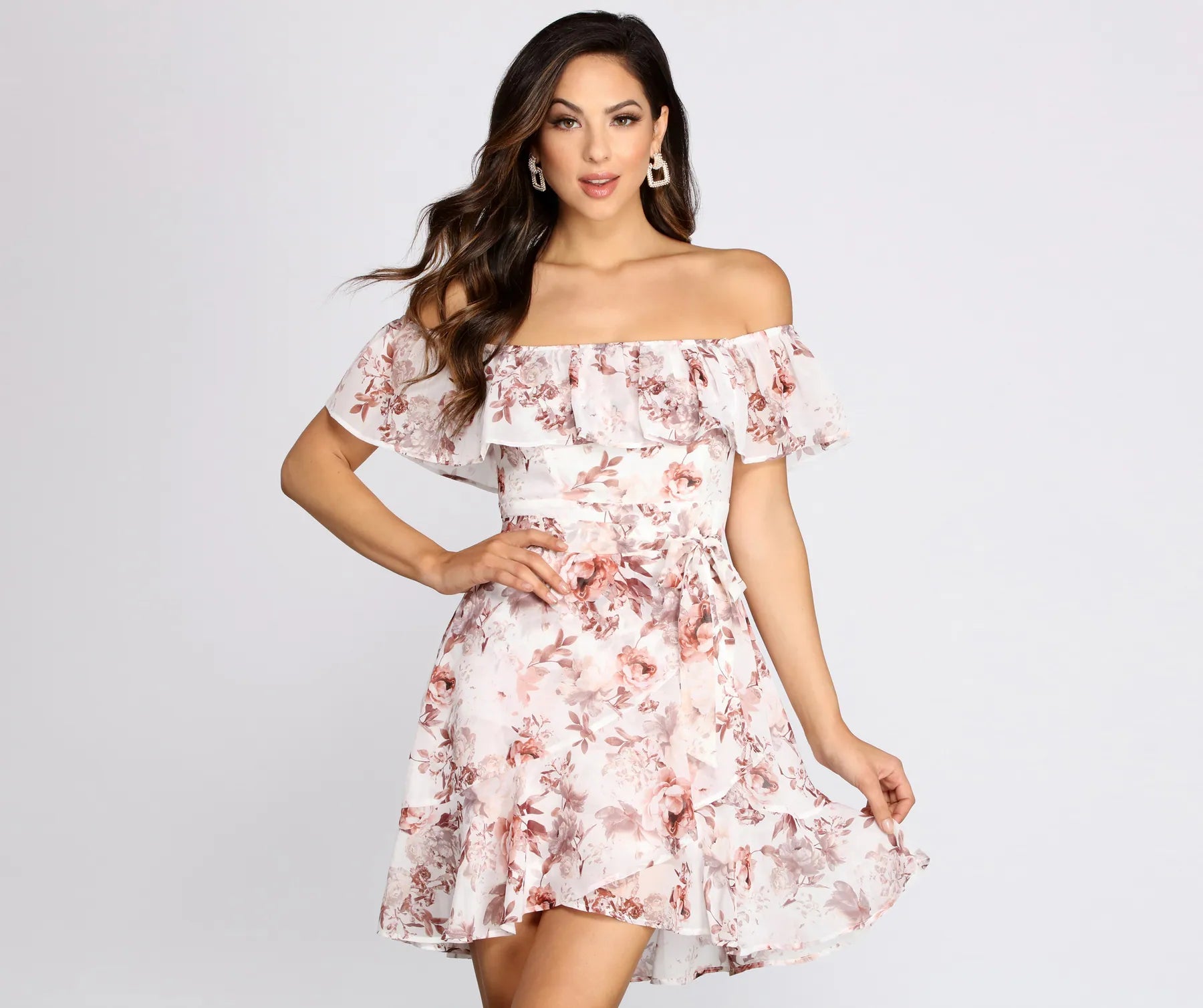 Playful Petals Floral Chiffon Off Shoulder Mini Dress Trendy Denim Mini Dress