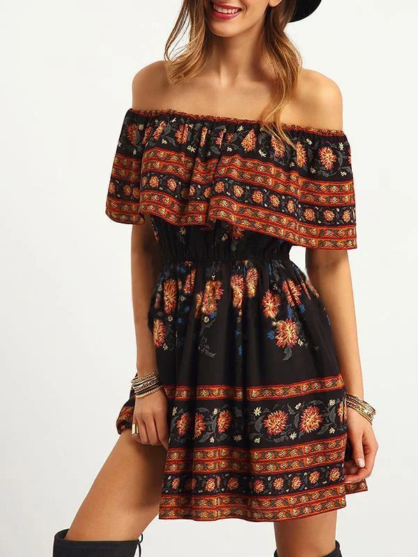 Pretty Bohemia Floral Off Shoulder Elastic Waist Mini Dress Elegant Off-Shoulder Dress Mini