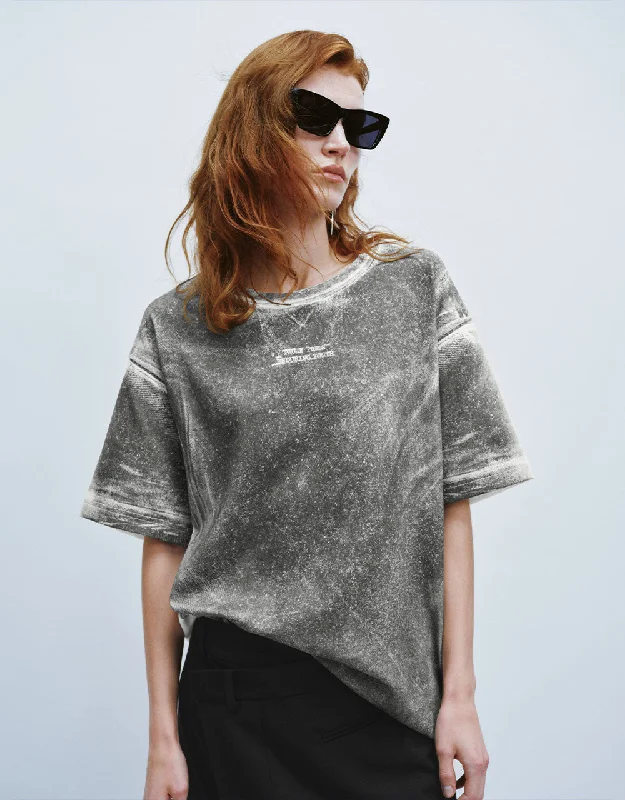 Printed Crew Neck Loose T-Shirt Zippered Buttoned Snapped
