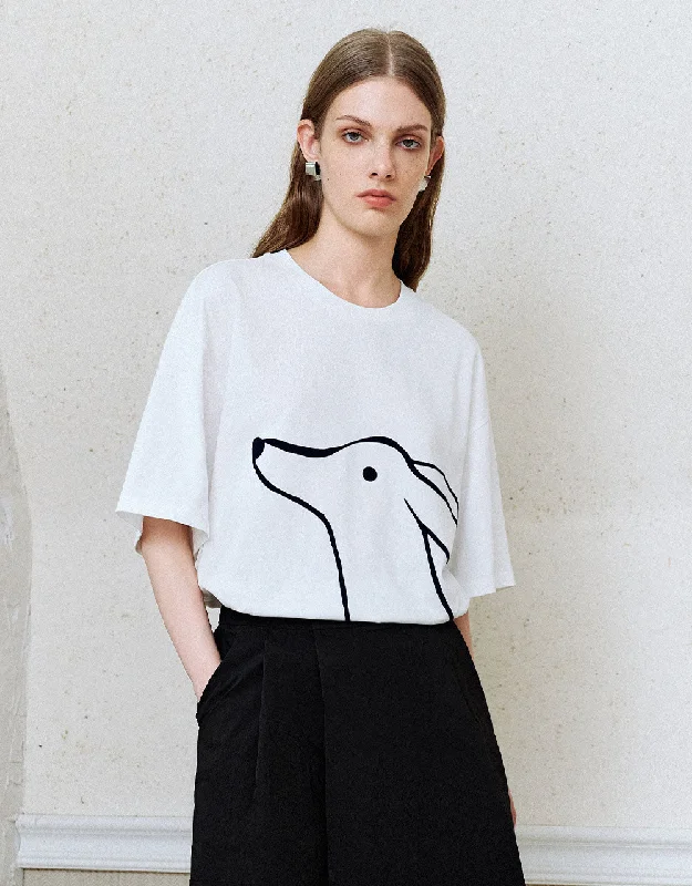 Printed Crew Neck Straight T-Shirt Real Fur Shearling Chenille