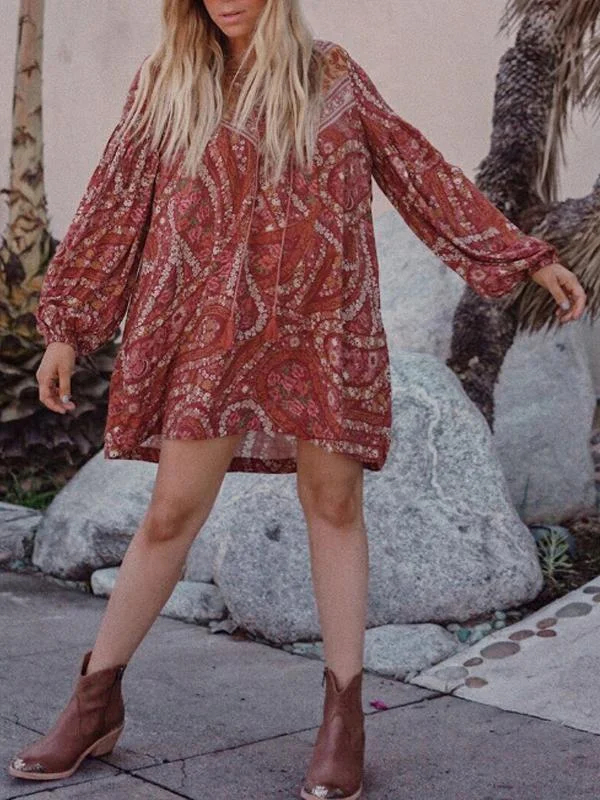 Retro Boho Lace Up V-Neck Floral Print Mini Dress Classic Shift Mini Dress