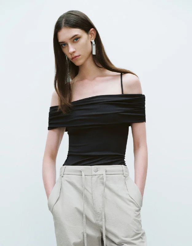 Ruched Off-Shoulder Knitted T-Shirt Solid Color Striped Floral