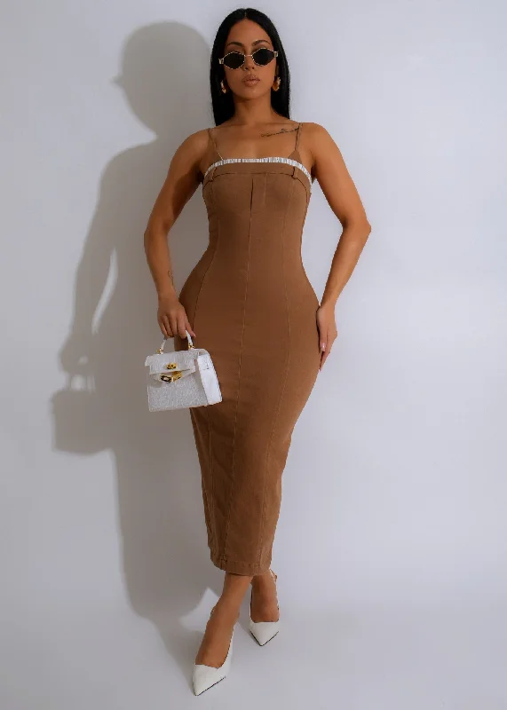 Sahara Chic Midi Dress Brown Comfortable Empire Waist Midi Dress