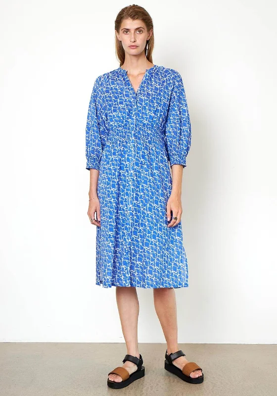 Second Female Dayly Volume Sleeve Shirt Midi Dress, Blue & White Fashionable Floral Embroidery Midi Dress