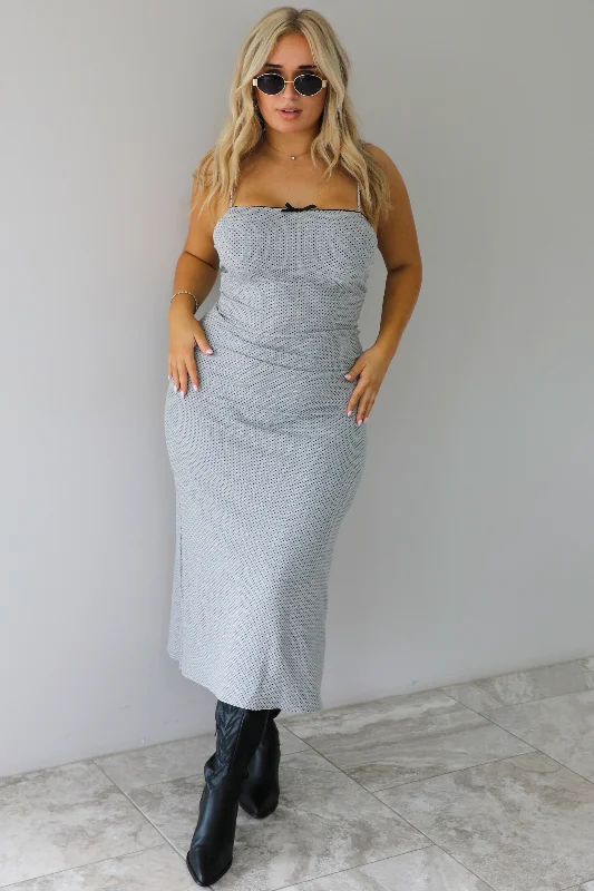 See You Soon Midi Dress: Heather Grey/Black Stylish Color Block Midi Dress