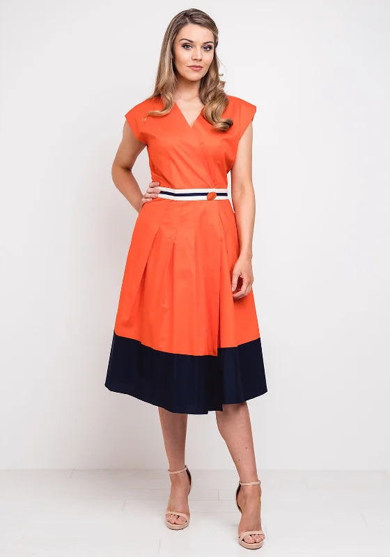 Setre Cotton Wrap Midi Dress, Orange Trendy Long Sleeve Midi Dress