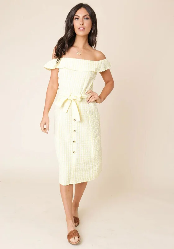 Seventy1 Bardot Gingham Midi Dress, Yellow Trendy Ruffle Hem Midi Dress