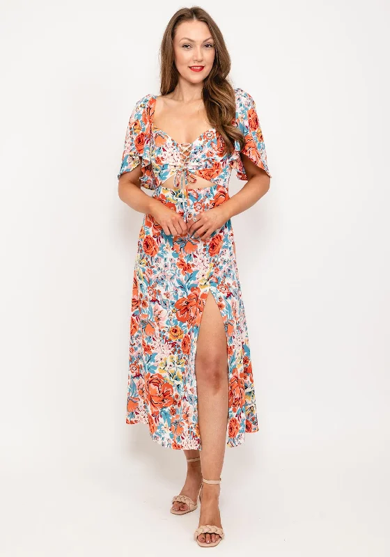 Seventy1 Floral Cut Out Midi Dress, Ecru Multi Stylish Off-Shoulder Ruffle Dress