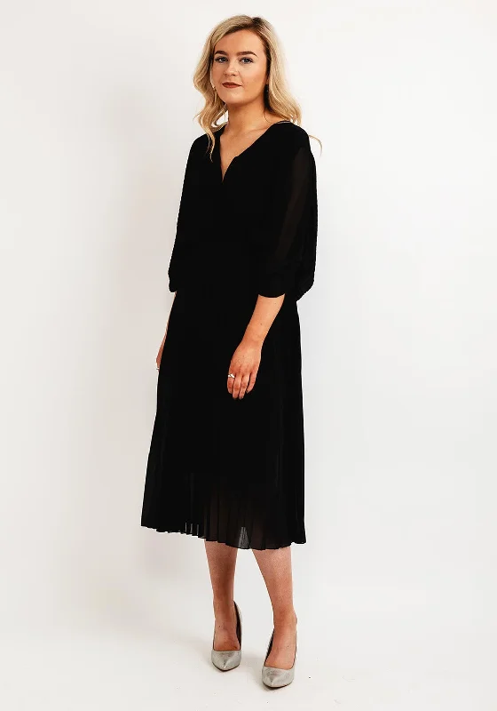 Seventy1 One Size Batwing Pleated Midi Dress, Black Comfortable Short Sleeve Midi Dress