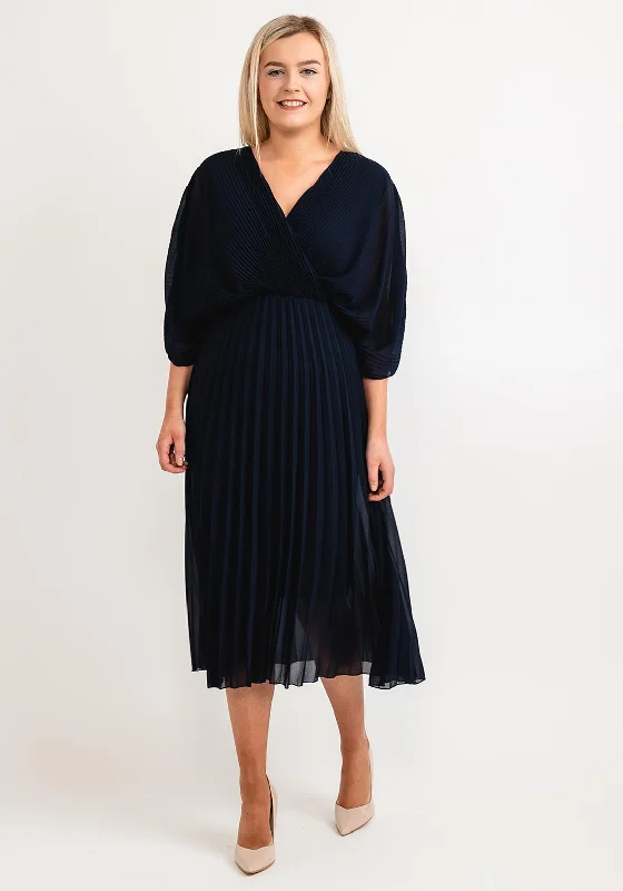 Seventy1 One Size Batwing Pleated Midi Dress, Navy Stylish Long Sleeve Floral Midi Dress