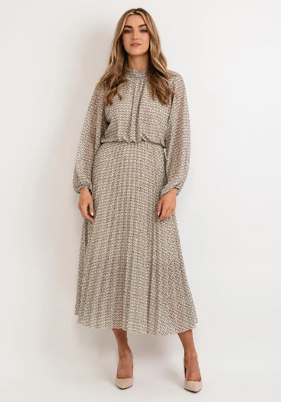 Seventy1 One Size Blouson Waist Midi Dress, Beige Multi Cozy A-Line Midi Dress