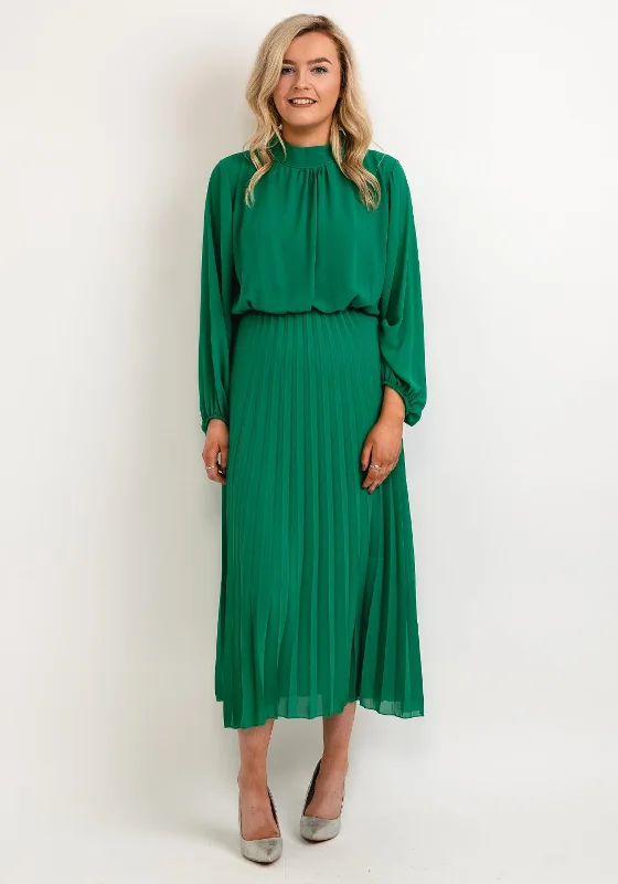 Seventy1 One Size Blouson Waist Midi Dress, Green Trendy Fit-and-Flare Midi Dress