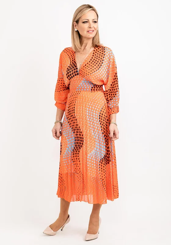 Seventy1 One Size Multi Circle Print Pleated Midi Dress, Orange Multi Elegant V-Neck Midi Dress