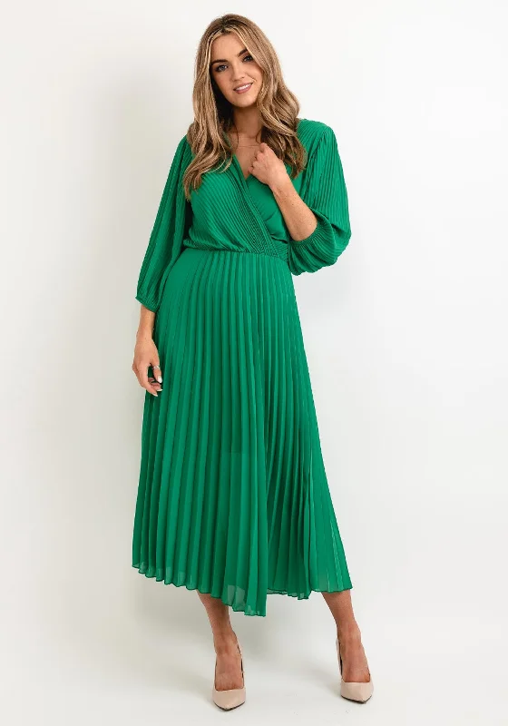 Seventy1 One Size Pleated Wrap Midi Dress, Emerald Green Comfortable Casual Midi Dress