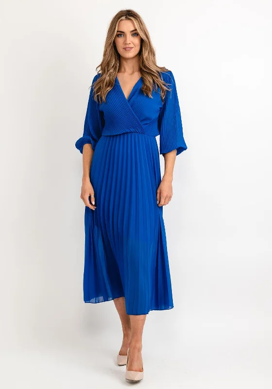 Seventy1 One Size Pleated Wrap Midi Dress, Royal Blue Trendy Long Sleeve Midi Dress