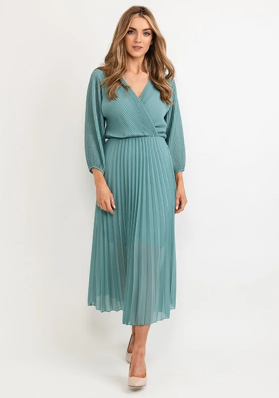 Seventy1 One Size Pleated Wrap Midi Dress, Sage Green Trendy Smocked Waist Midi Dress