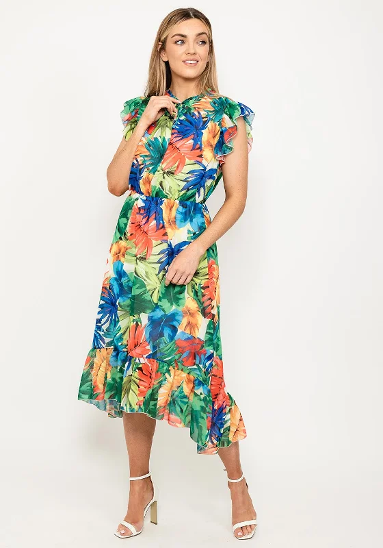 Seventy1 Tropical Floral Midi Dress, Blue Multi Elegant Faux Wrap Midi Dress