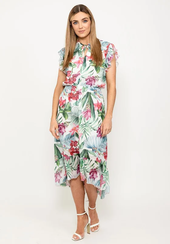 Seventy1 Tropical Floral Midi Dress, White Multi Trendy Off-Shoulder Button Midi Dress