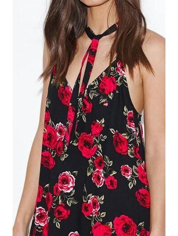 Sexy Floral Spaghetti Straps Halter Bohemia Beach Mini Dress Stylish Short Sleeve Mini Dress