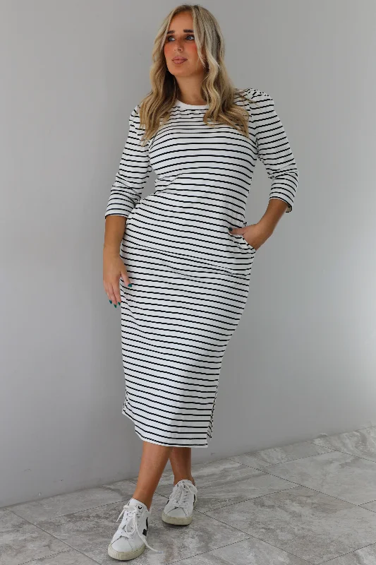 Simple Striped Midi Dress: White/Black Stylish Button-Down Midi Dress